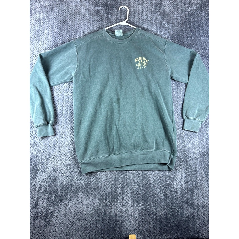 Comfort Colors Sweatshirt Womens M Green Maine Longboard Surfer Graphic Cotton